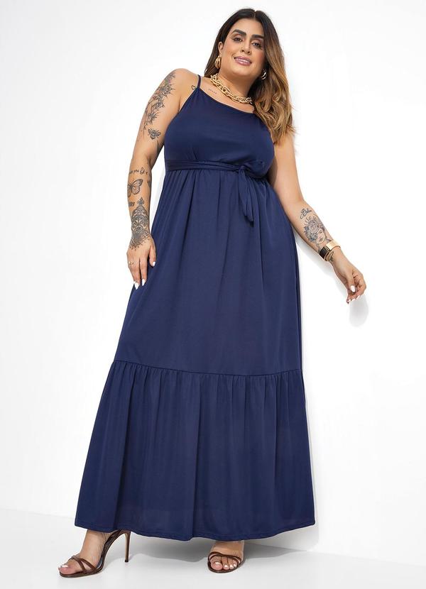 Vestido Longo Marinho Com Babado Plus Size
