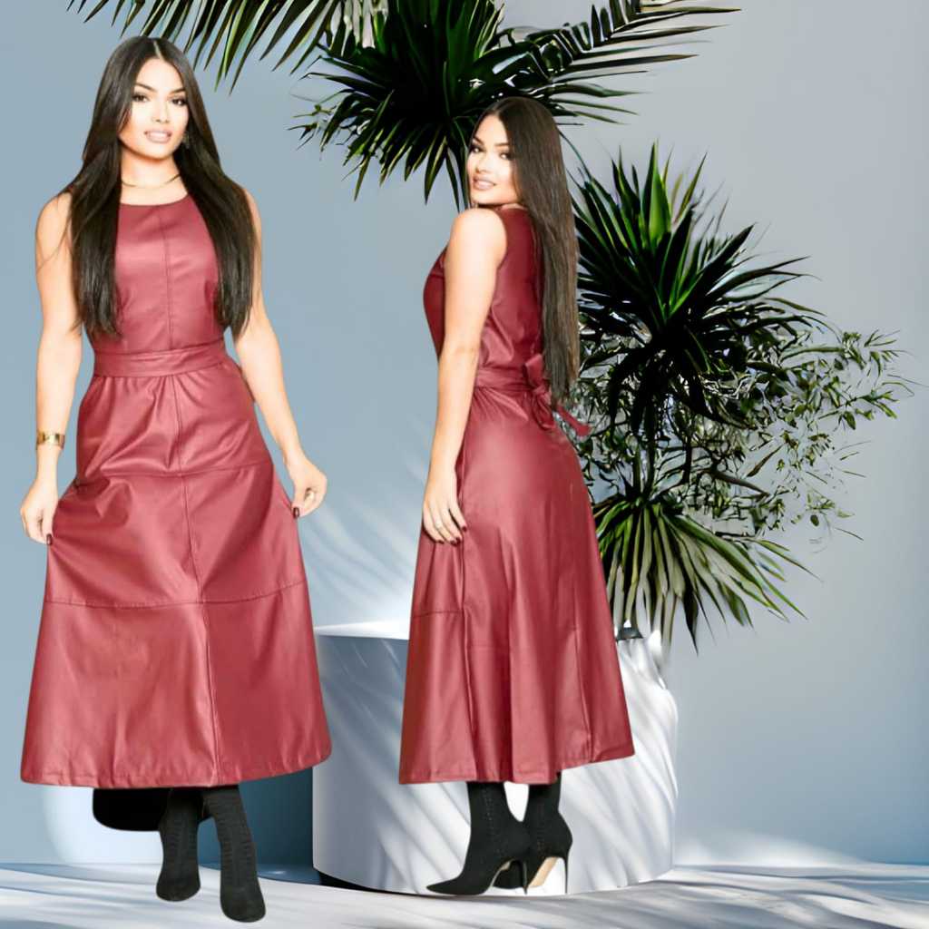 Vestido Midi Tecido Couro Com Ziper E Cinto