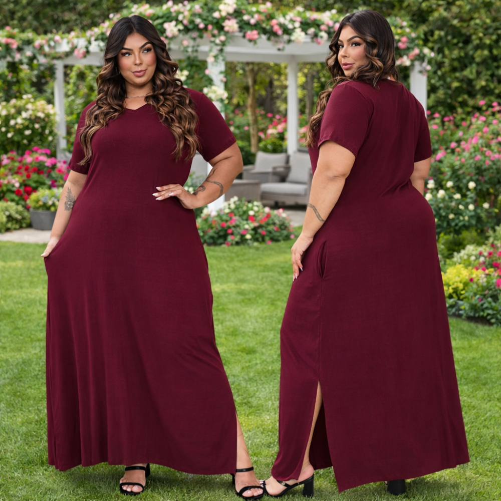 Vestido Plus Size Longo Viscolycra Manga Curta
