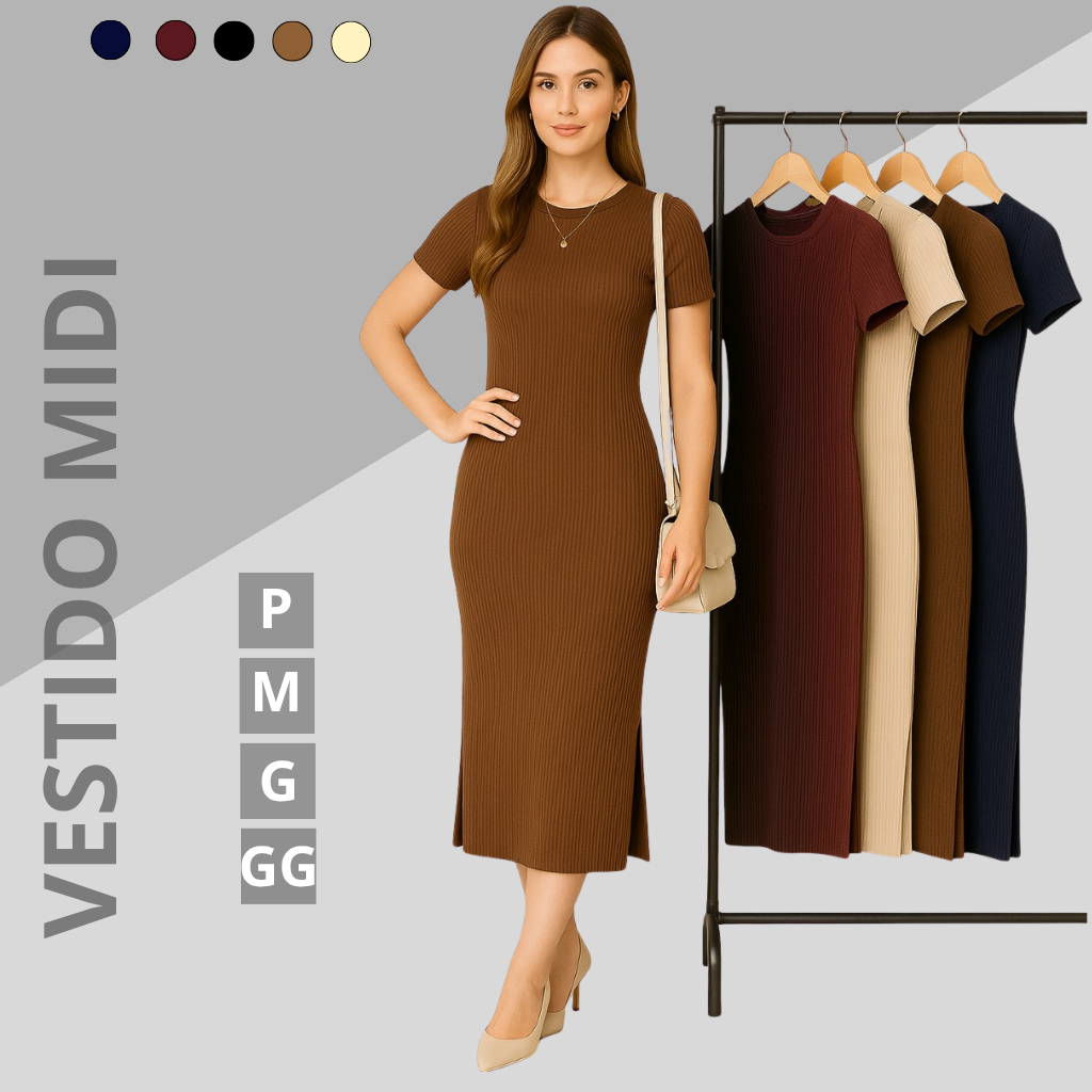 Vestidos Feminino Midi Canelado De Manga Curta Com Fenda