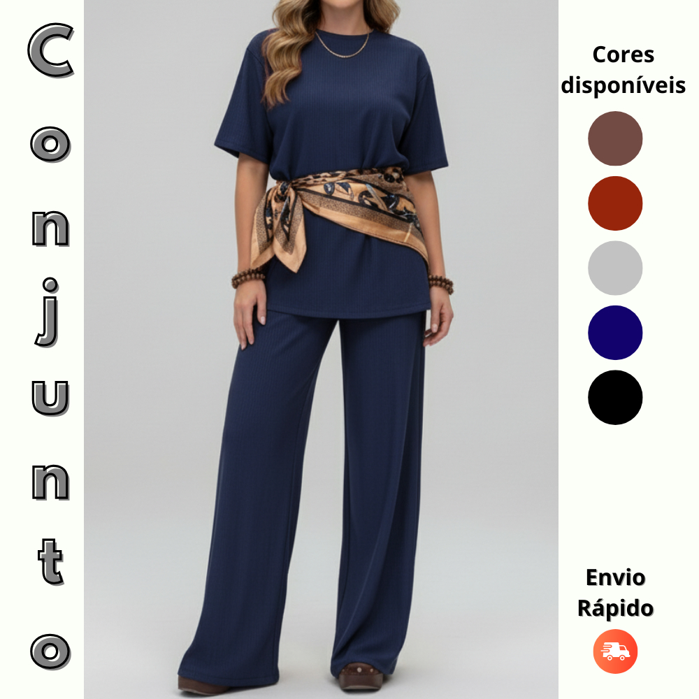 Conjunto Feminino Calça Pantalona Com Blusa Manga Curta