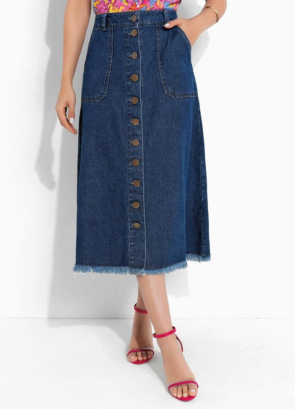 Saia Jeans Com Botões
