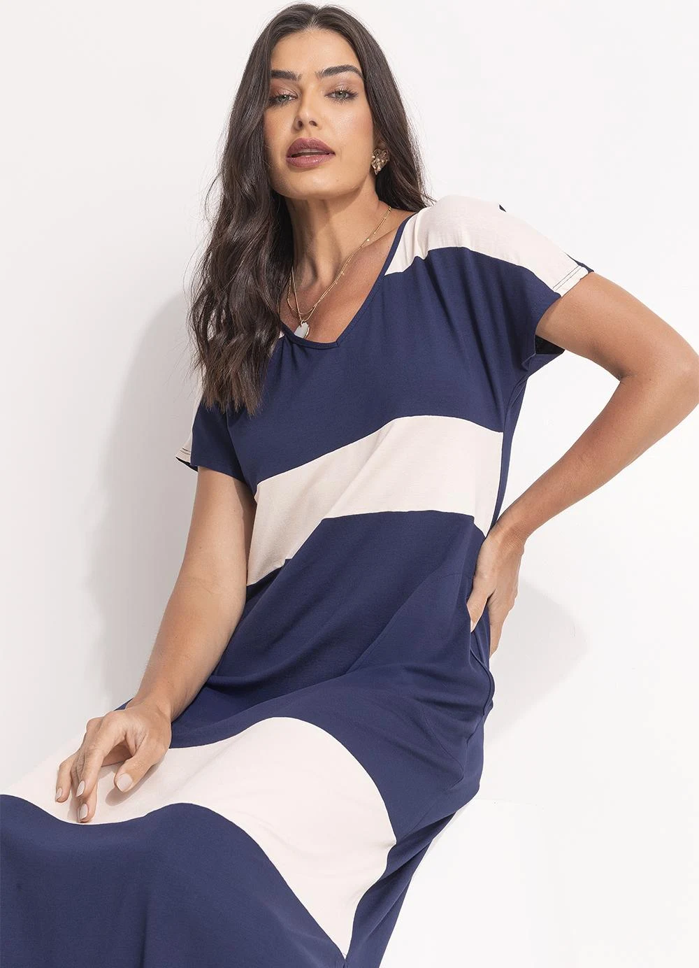 Vestido Listrado Longo Soltinho