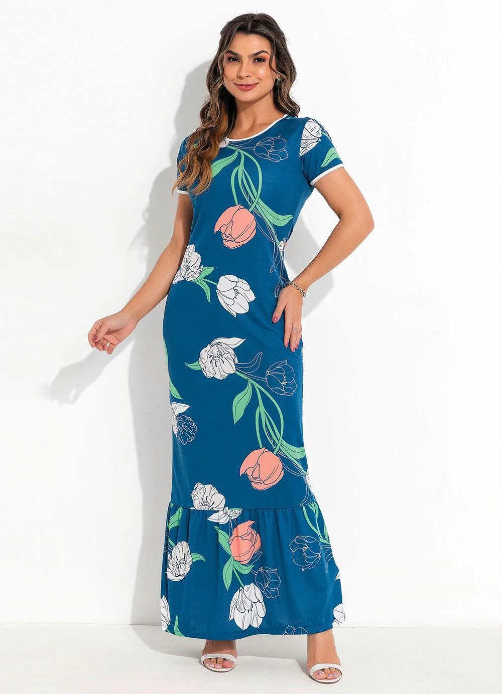 Vestido Longo Floral Com Babado