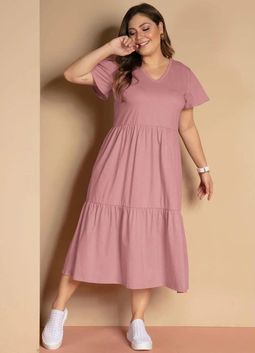 Vestido Midi Rosê Com Babados