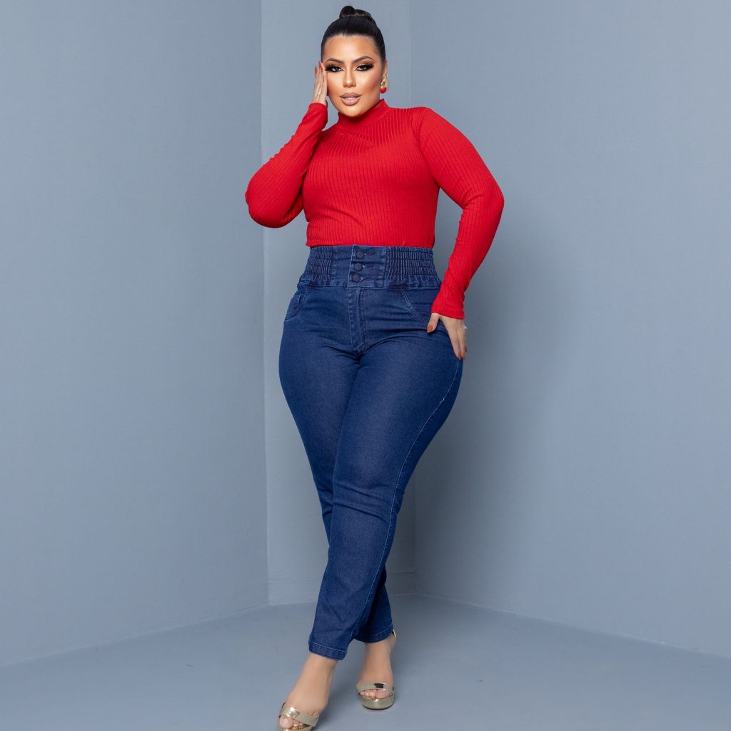Calça Jeans Feminina Plus Size Skinny Cintura Alta