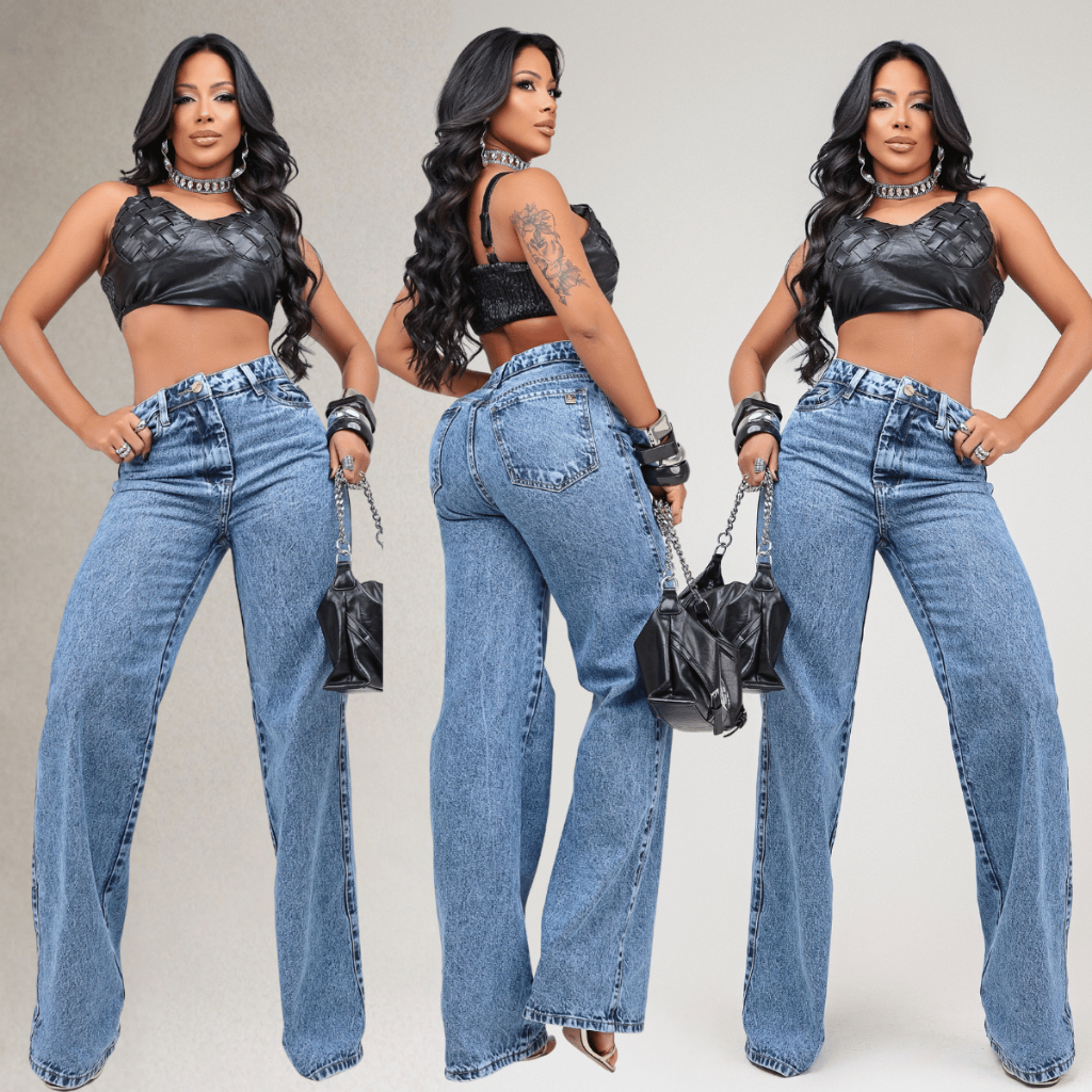 Calça Jeans Feminina Wid Leg Cintura Alta