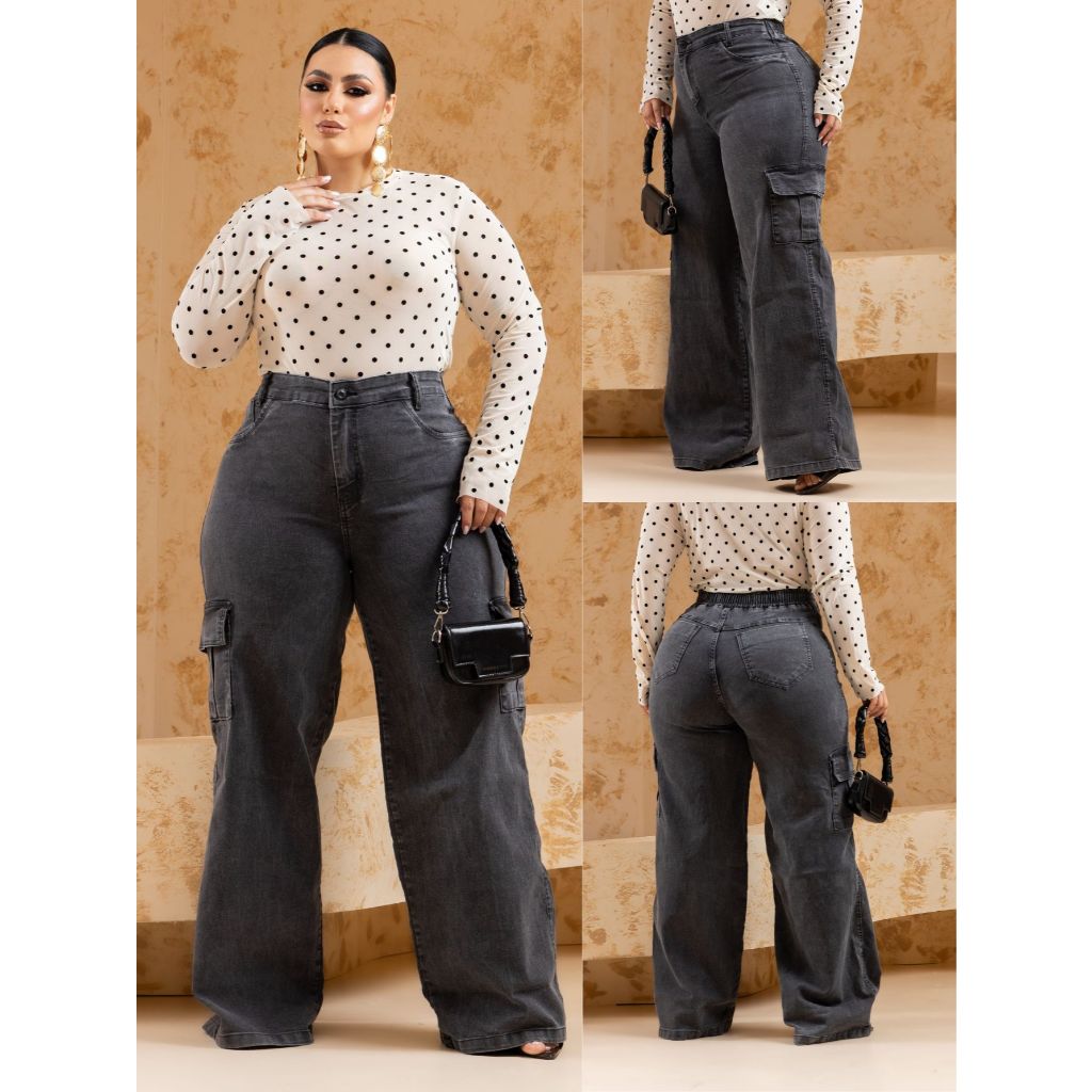 Calça Jeans Feminino Cargo Wide Leg Plus Size Marmorizada